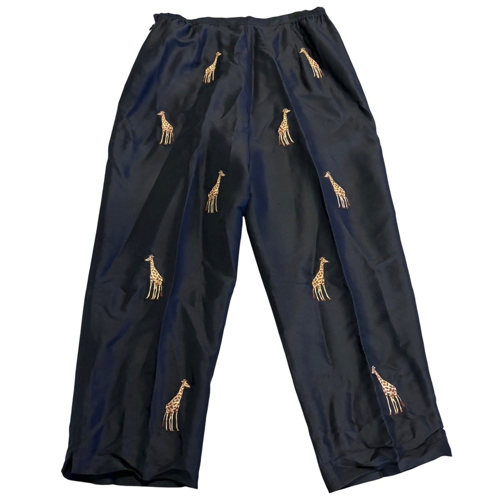 Silkland Women's Black 100% Silk Giraffe Embroidered Pants Size 10 Vintage